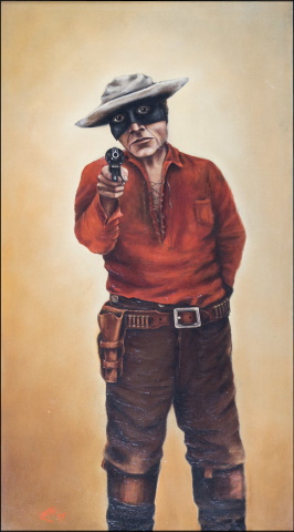 Seorang pria menghadap ke depan, mengenakan topeng hitam dengan lubang mata dan menodongkan pistol lurus ke depanun menunjuk 